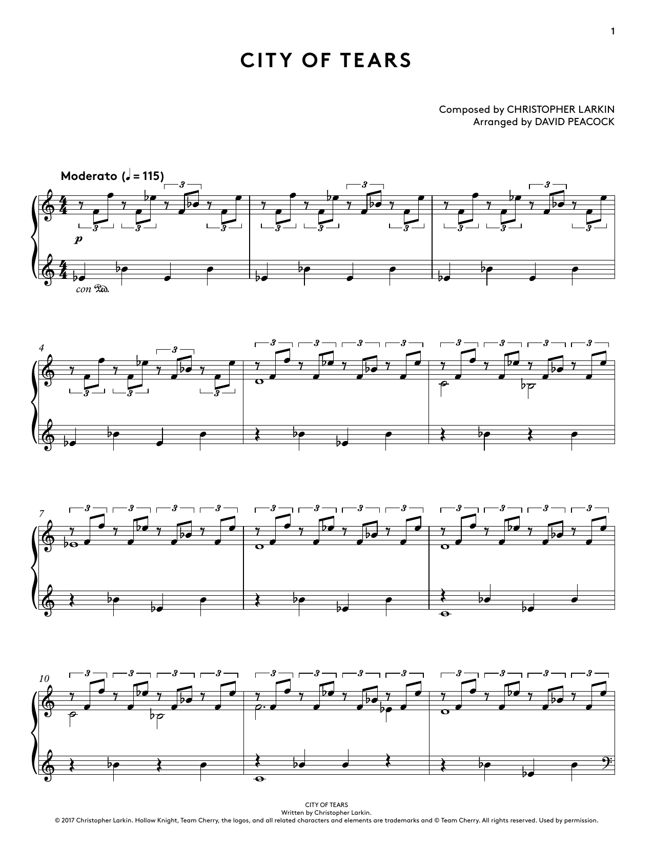 Christopher Larkin City of Tears (from Hollow Knight Piano Collections) (arr. David Peacock) Sheet Music Notes & Chords for Piano Solo - Download or Print PDF