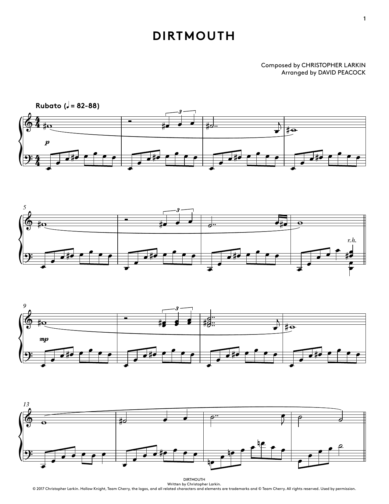 Christopher Larkin Dirtmouth (from Hollow Knight Piano Collections) (arr. David Peacock) Sheet Music Notes & Chords for Piano Solo - Download or Print PDF