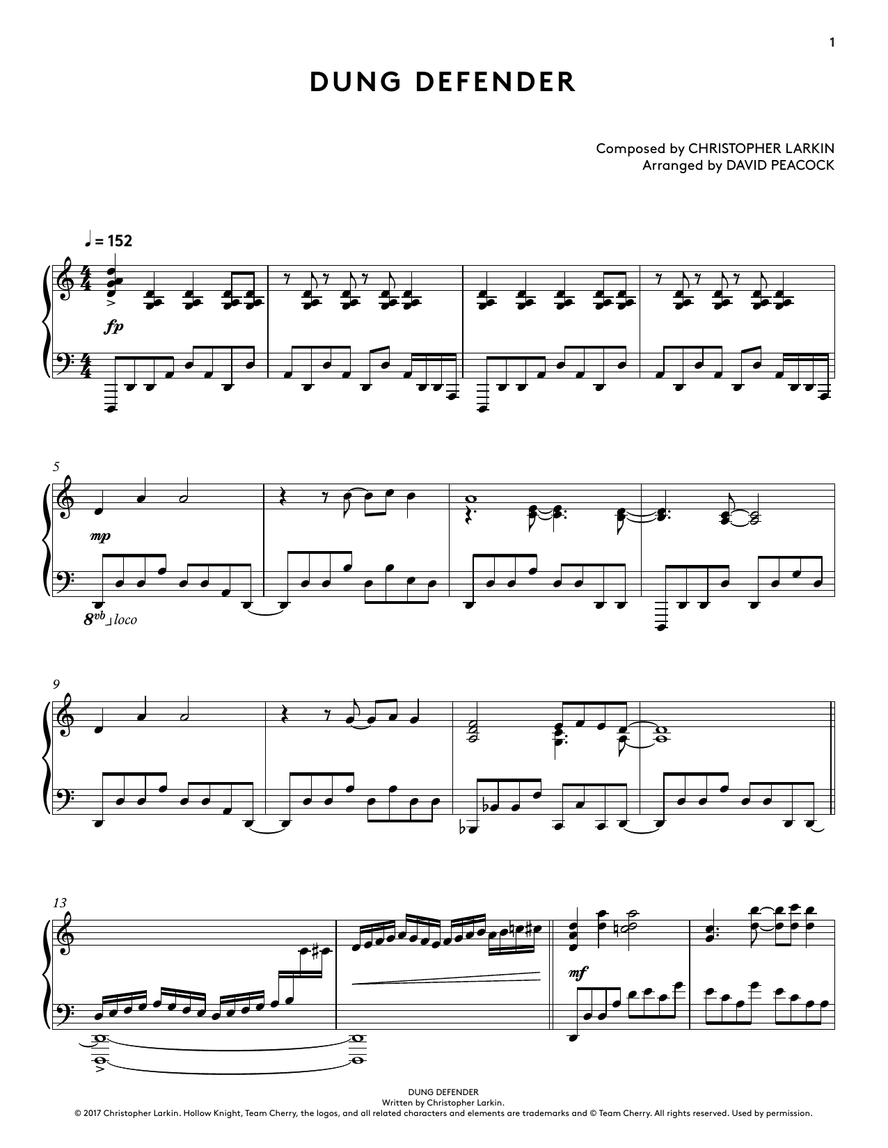 Christopher Larkin Dung Defender (from Hollow Knight Piano Collections) (arr. David Peacock) Sheet Music Notes & Chords for Piano Solo - Download or Print PDF