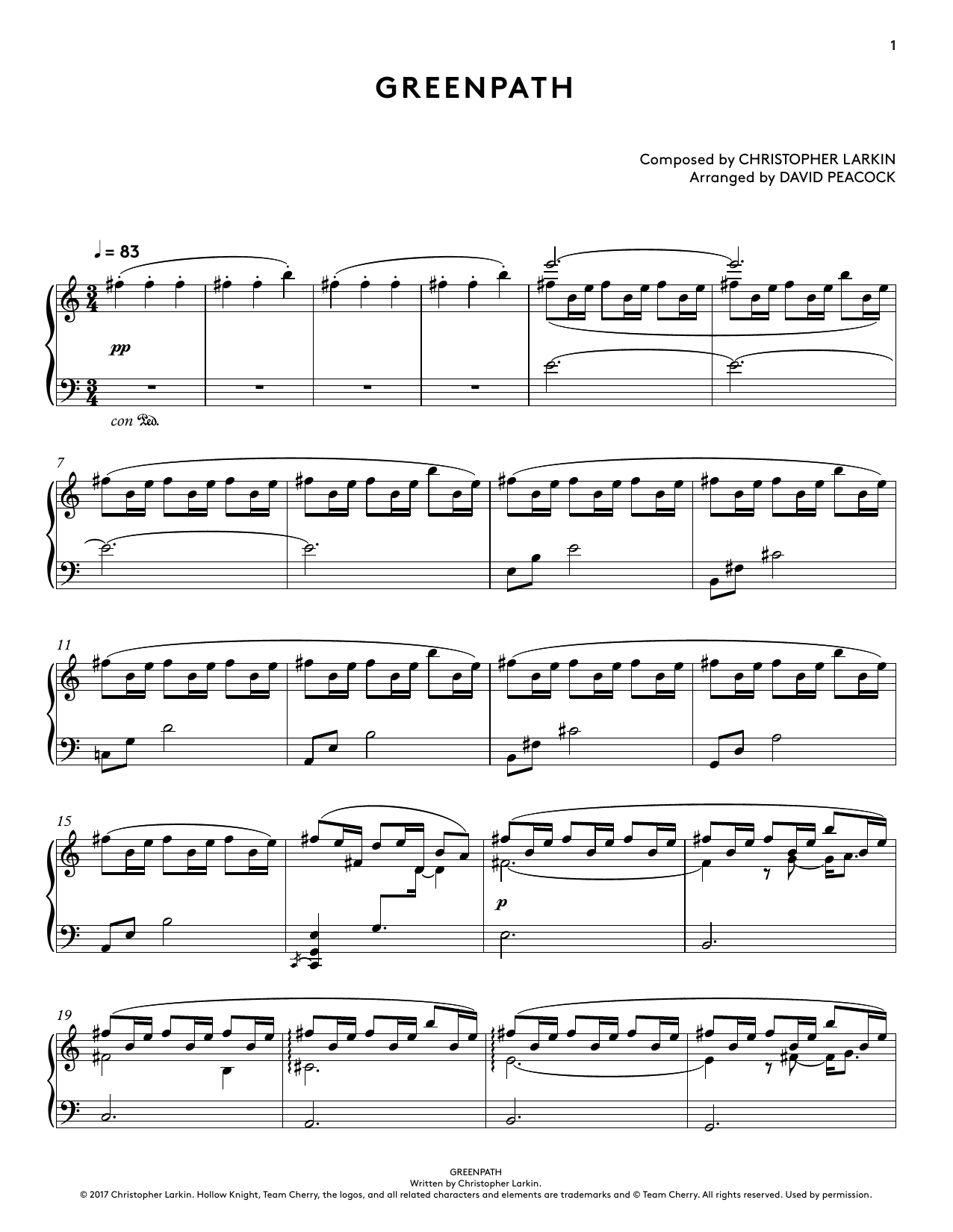 Christopher Larkin Greenpath (from Hollow Knight Piano Collections) (arr. David Peacock) Sheet Music Notes & Chords for Piano Solo - Download or Print PDF