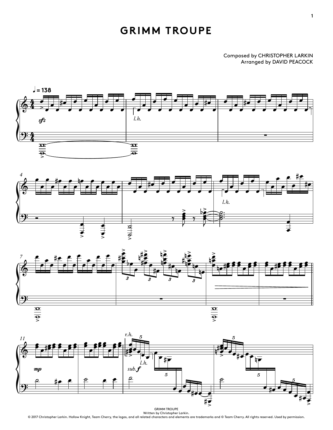 Christopher Larkin Grimm Troupe (from Hollow Knight Piano Collections) (arr. David Peacock) Sheet Music Notes & Chords for Piano Solo - Download or Print PDF