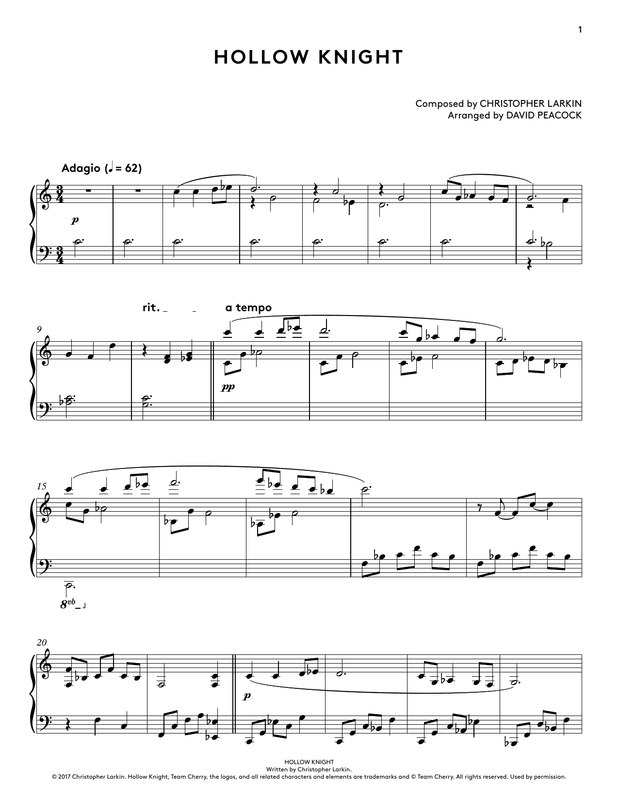 Christopher Larkin Hollow Knight (from Hollow Knight Piano Collections) (arr. David Peacock) Sheet Music Notes & Chords for Piano Solo - Download or Print PDF
