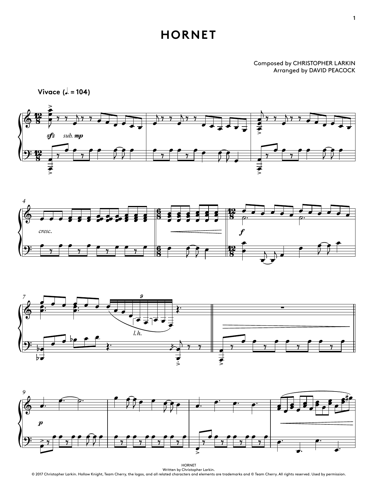 Christopher Larkin Hornet (from Hollow Knight Piano Collections) (arr. David Peacock) Sheet Music Notes & Chords for Piano Solo - Download or Print PDF