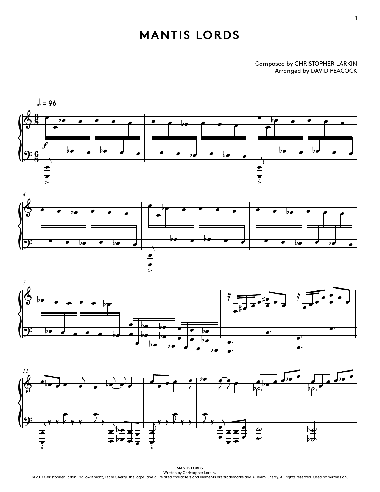 Christopher Larkin Mantis Lords (from Hollow Knight Piano Collections) (arr. David Peacock) Sheet Music Notes & Chords for Piano Solo - Download or Print PDF