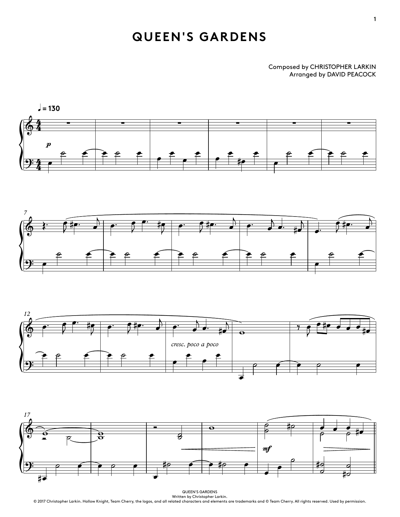 Christopher Larkin Queen's Gardens (from Hollow Knight Piano Collections) (arr. David Peacock) Sheet Music Notes & Chords for Piano Solo - Download or Print PDF