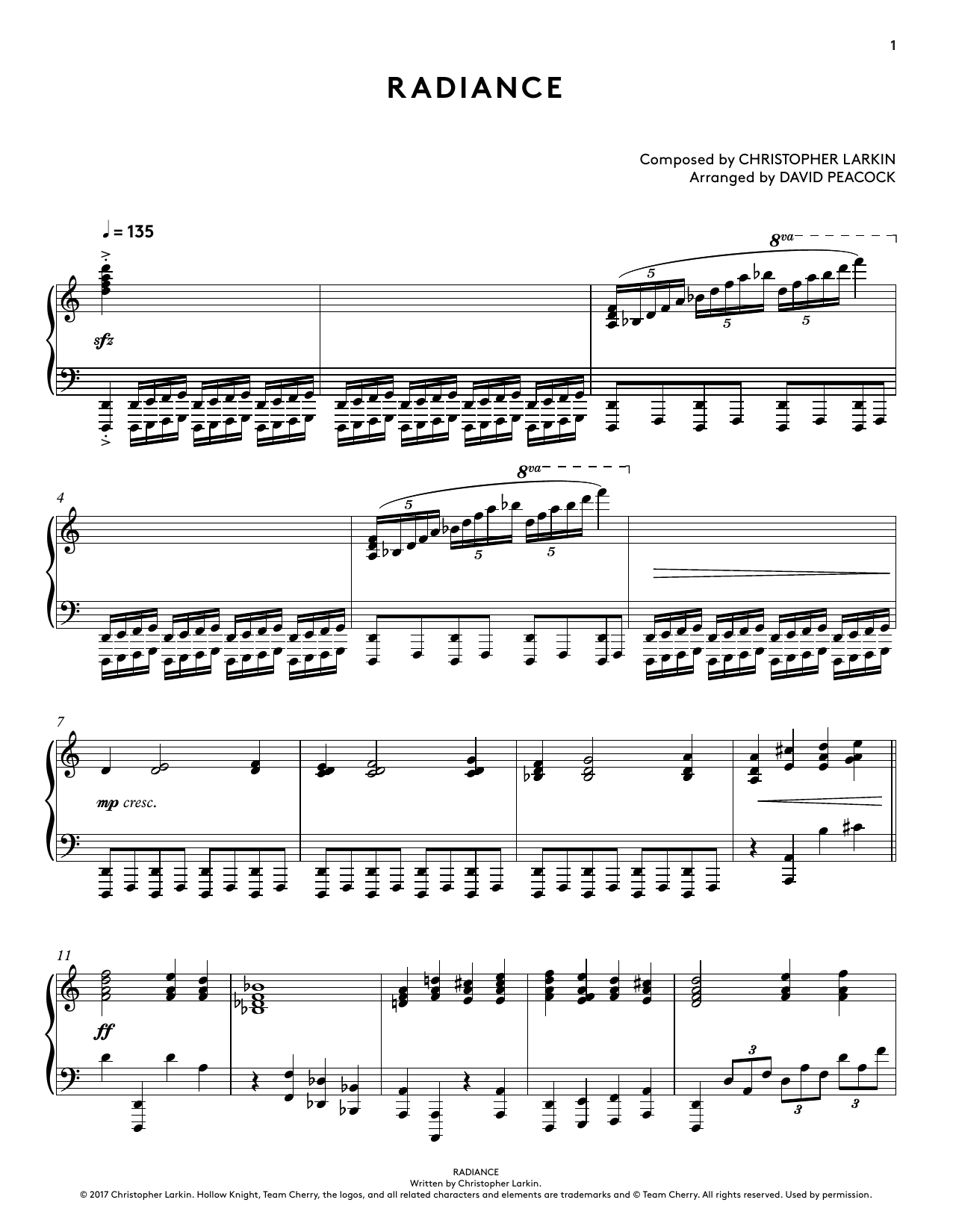 Christopher Larkin Radiance (from Hollow Knight Piano Collections) (arr. David Peacock) Sheet Music Notes & Chords for Piano Solo - Download or Print PDF