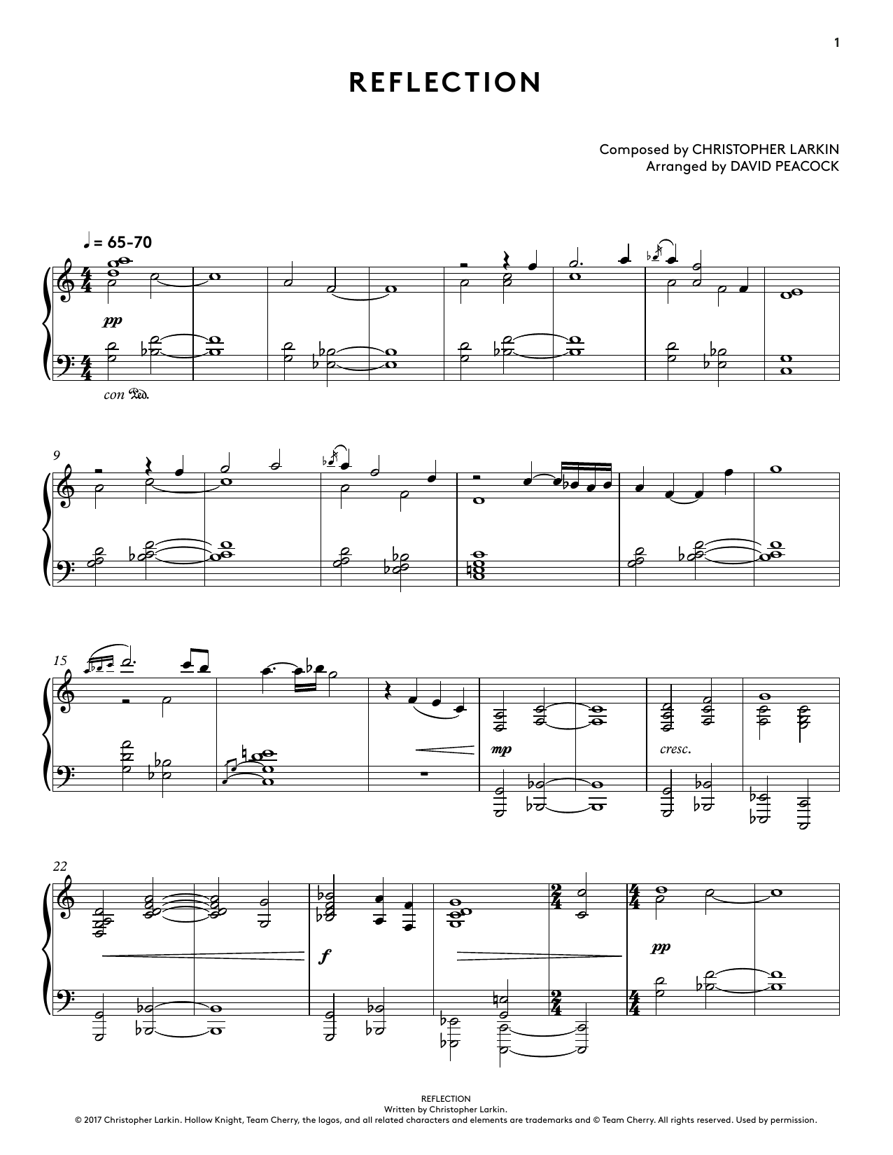 Christopher Larkin Reflection (from Hollow Knight Piano Collections) (arr. David Peacock) Sheet Music Notes & Chords for Piano Solo - Download or Print PDF