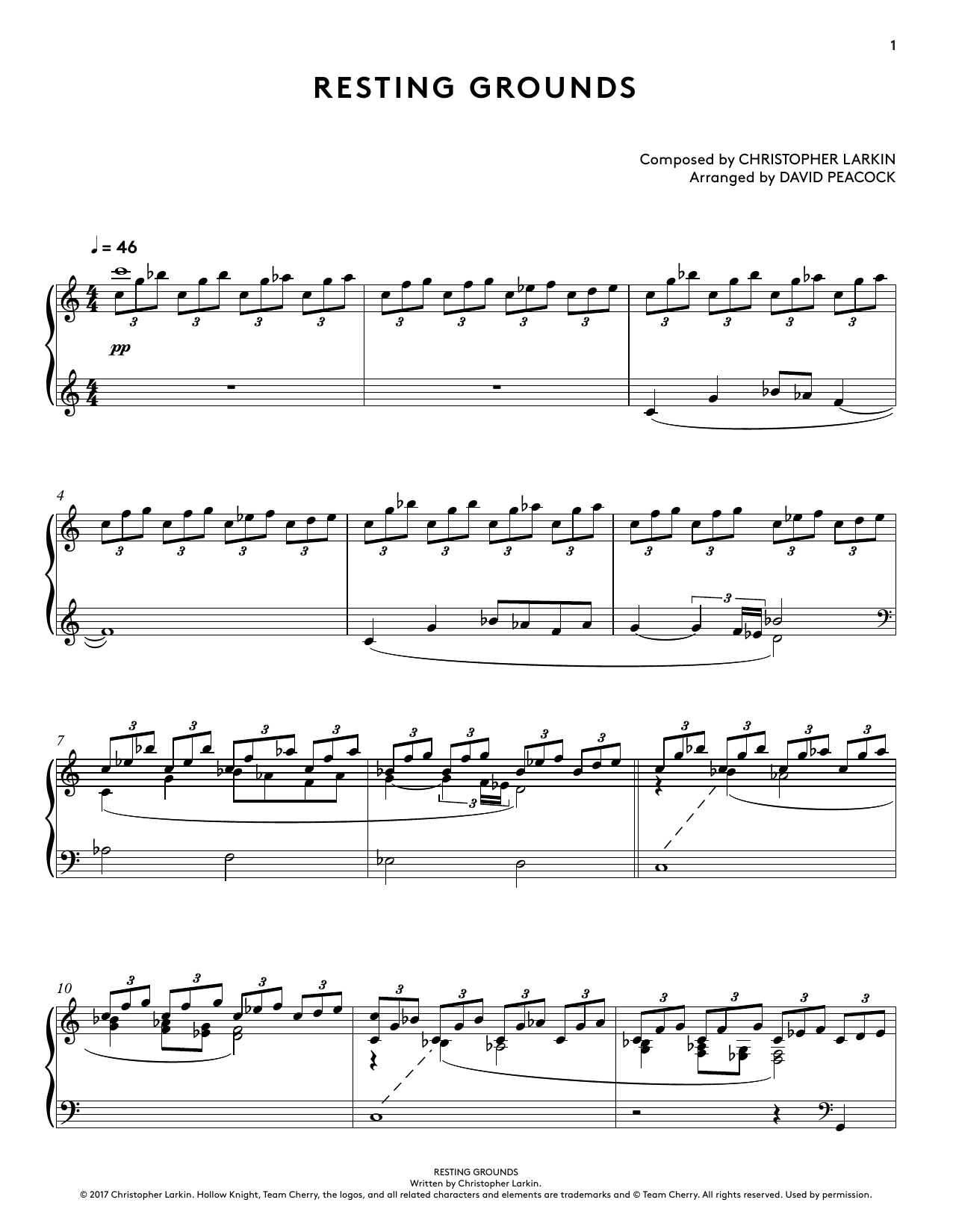 Christopher Larkin Resting Grounds (from Hollow Knight Piano Collections) (arr. David Peacock) Sheet Music Notes & Chords for Piano Solo - Download or Print PDF