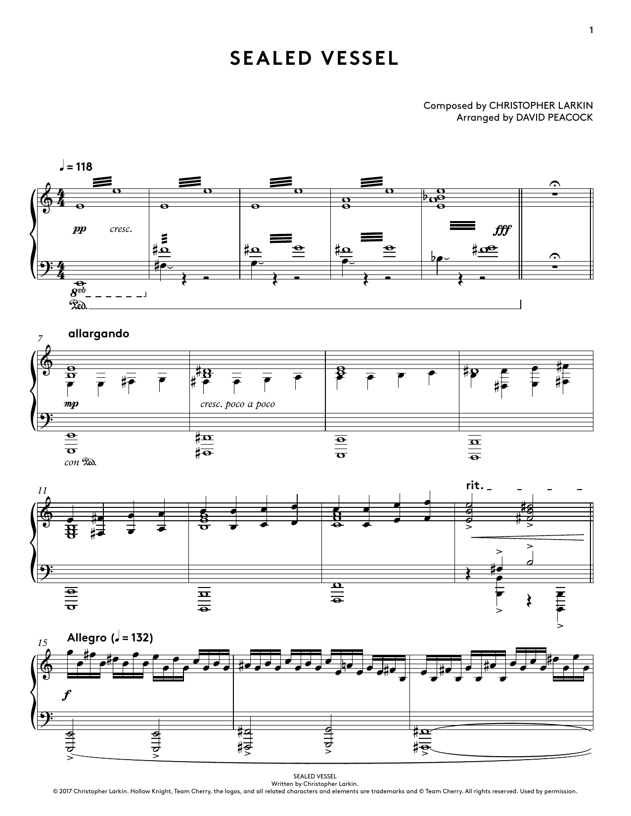 Christopher Larkin Sealed Vessel (from Hollow Knight Piano Collections) (arr. David Peacock) Sheet Music Notes & Chords for Piano Solo - Download or Print PDF