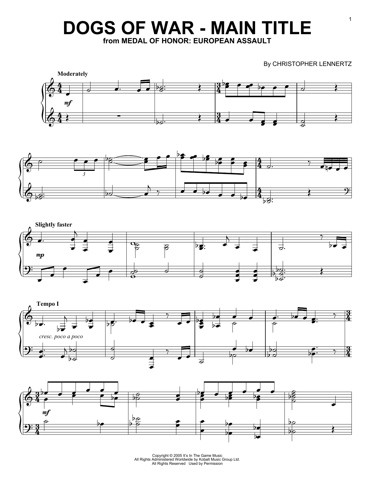 Christopher Lennertz Dogs Of War - Main Title (from Medal Of Honor: European Assault) Sheet Music Notes & Chords for Piano Solo - Download or Print PDF