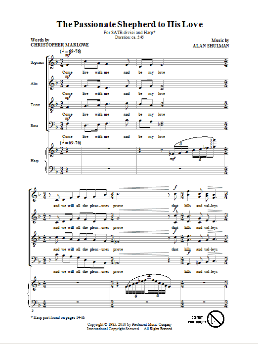 Alan Shulman The Passionate Shepherd To His Love Sheet Music Notes & Chords for SATB - Download or Print PDF