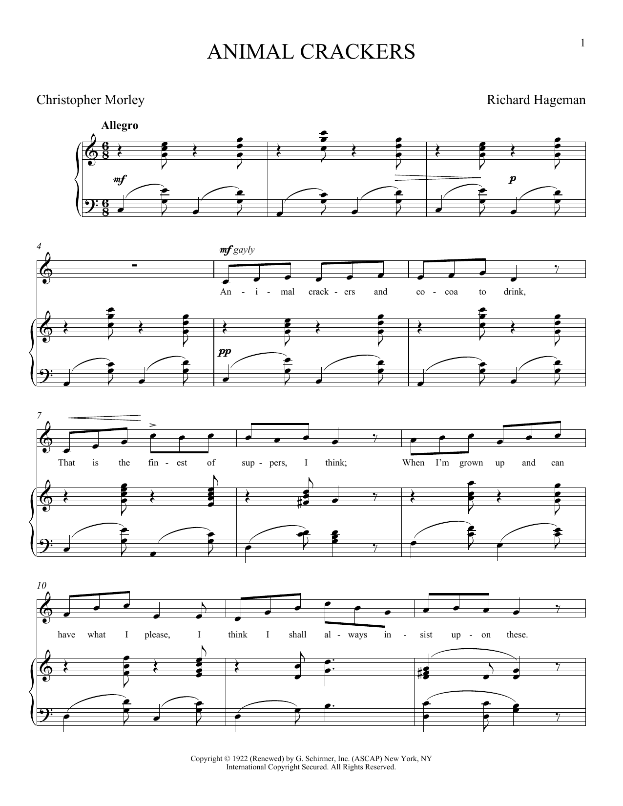 Christopher Morley Animal Crackers Sheet Music Notes & Chords for Piano & Vocal - Download or Print PDF