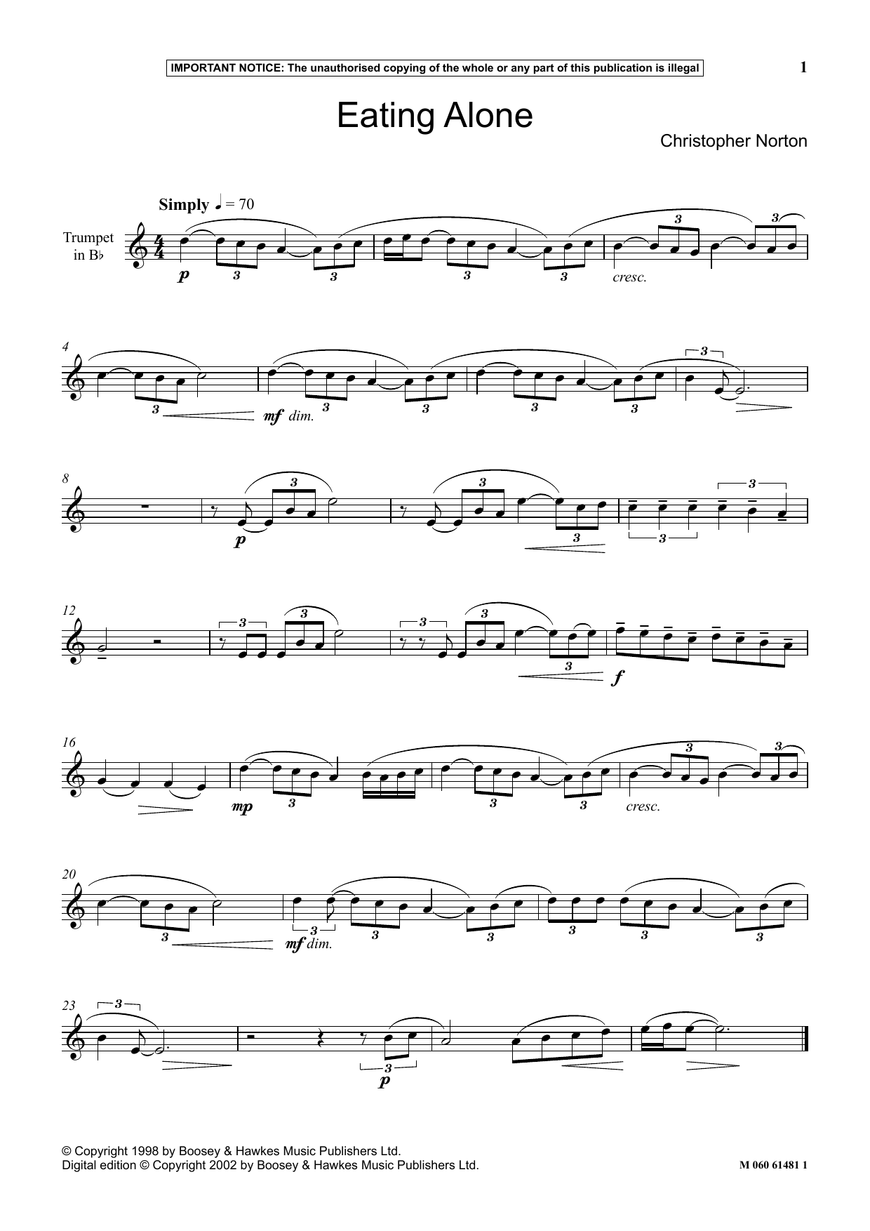 Christopher Norton Eating Alone Sheet Music Notes & Chords for Instrumental Solo - Download or Print PDF
