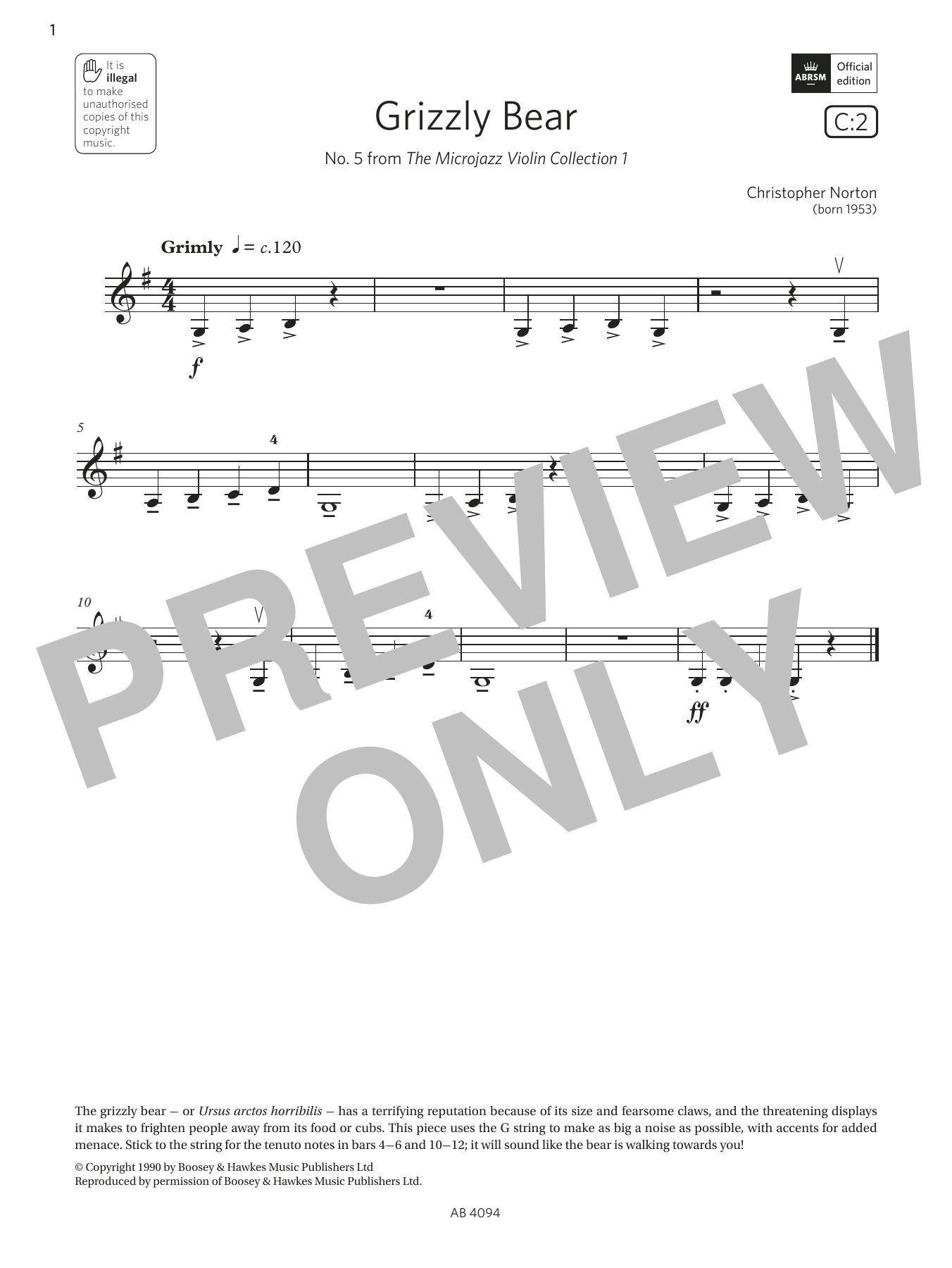 Christopher Norton Grizzly Bear (Grade Initial, C2, from the ABRSM Violin Syllabus from 2024) Sheet Music Notes & Chords for Violin Solo - Download or Print PDF