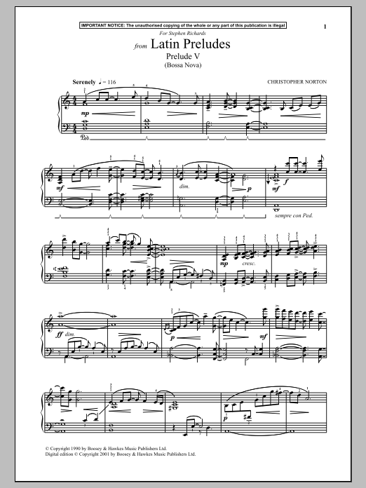 Christopher Norton Latin Preludes, Prelude V (Bossa Nova) Sheet Music Notes & Chords for Piano - Download or Print PDF