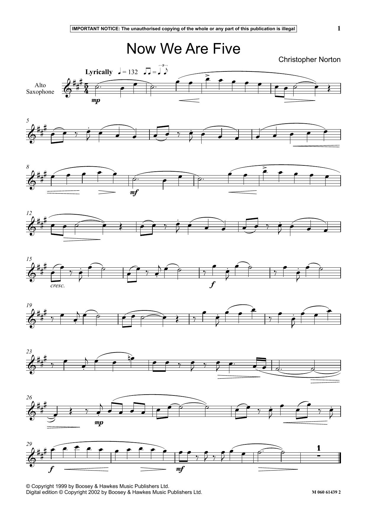Christopher Norton Now We Are Five Sheet Music Notes & Chords for Instrumental Solo - Download or Print PDF