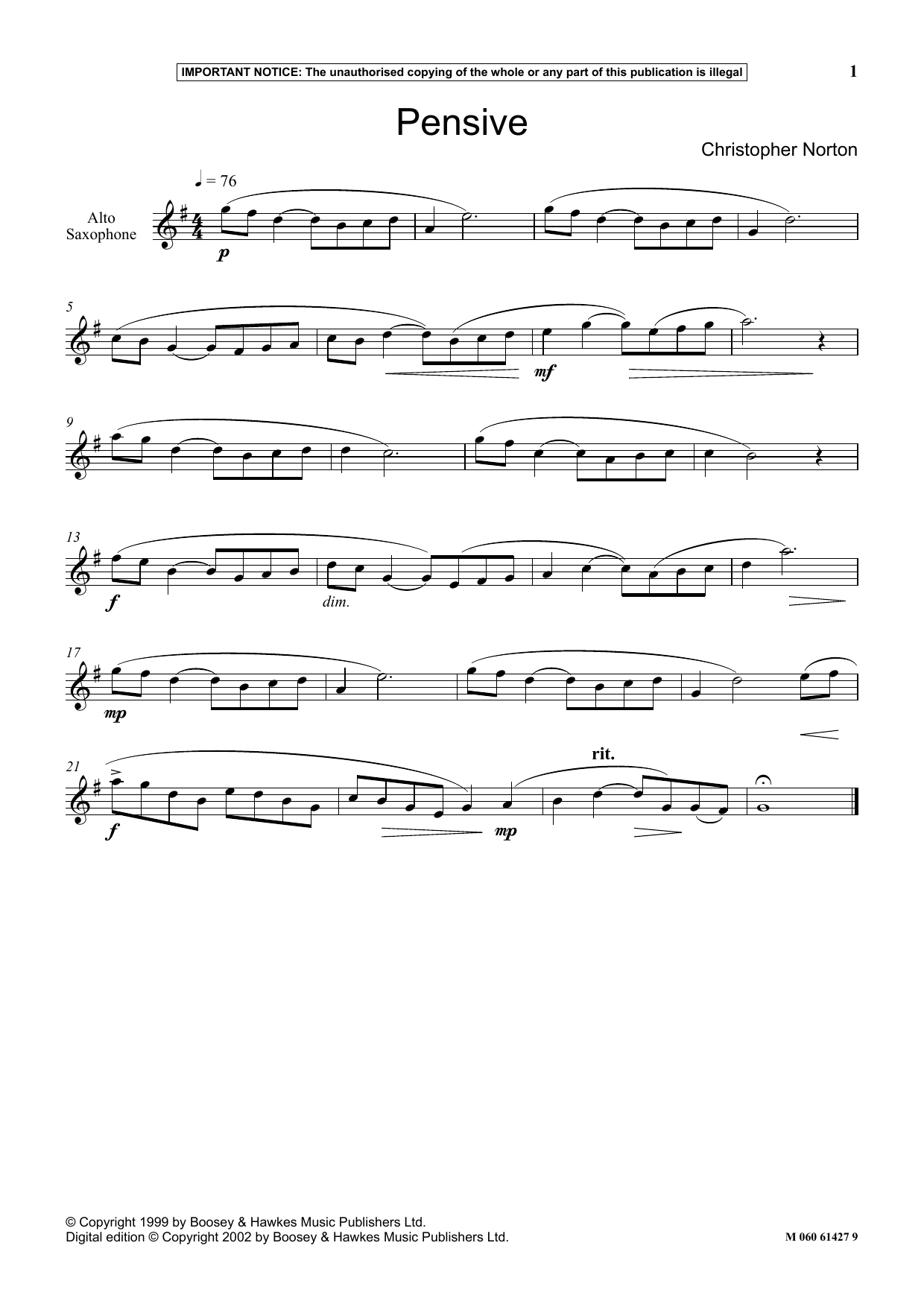 Christopher Norton Pensive Sheet Music Notes & Chords for Instrumental Solo - Download or Print PDF