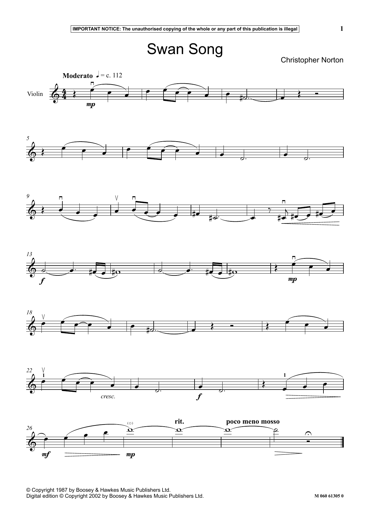 Christopher Norton Swan Song Sheet Music Notes & Chords for Instrumental Solo - Download or Print PDF