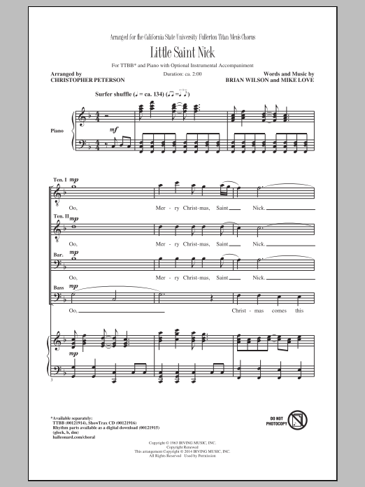 The Beach Boys Little Saint Nick (arr. Christopher Peterson) Sheet Music Notes & Chords for TTBB - Download or Print PDF