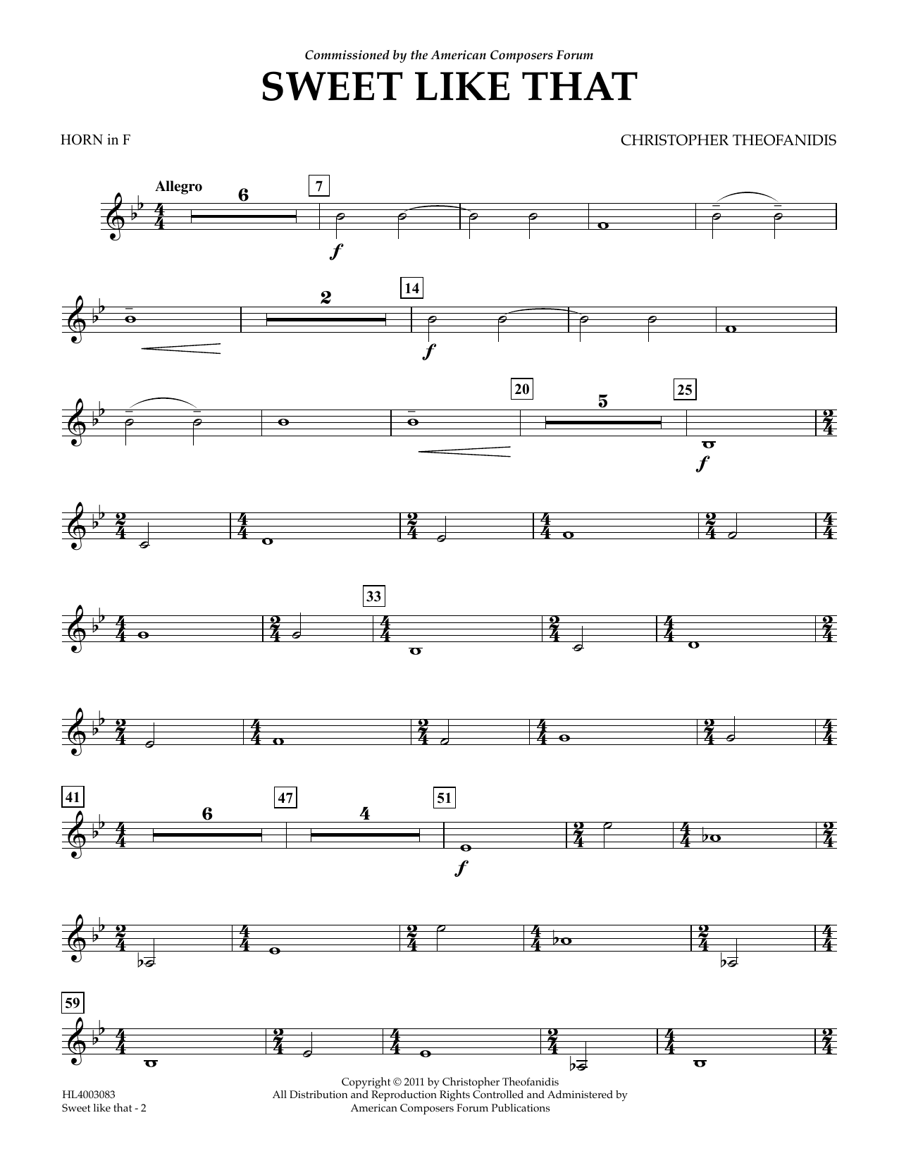 Christopher Theofanidis Sweet like that - Horn in F Sheet Music Notes & Chords for Concert Band - Download or Print PDF