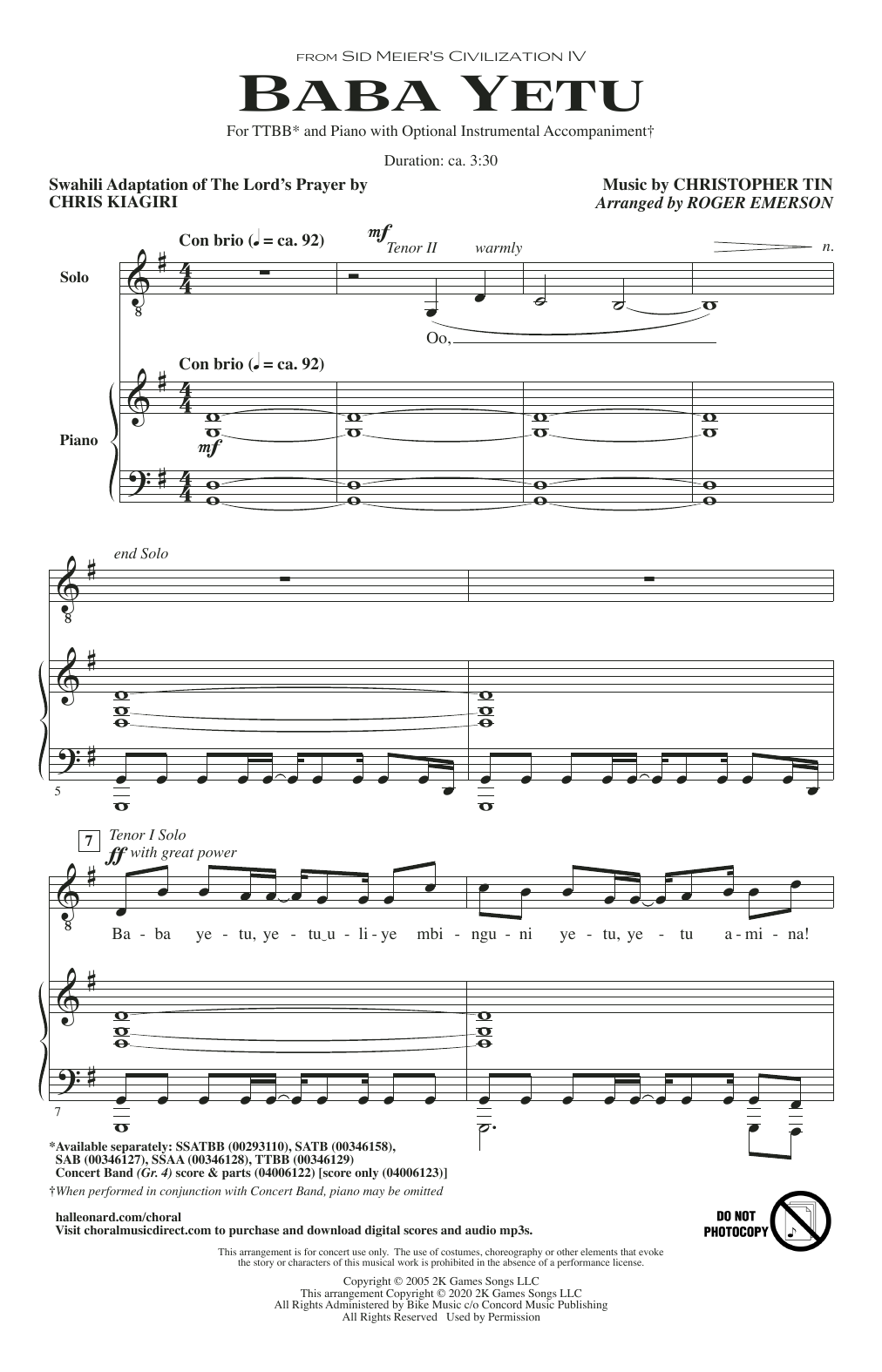 Christopher Tin Baba Yetu (from Civilization IV) (arr. Roger Emerson) Sheet Music Notes & Chords for SSA Choir - Download or Print PDF