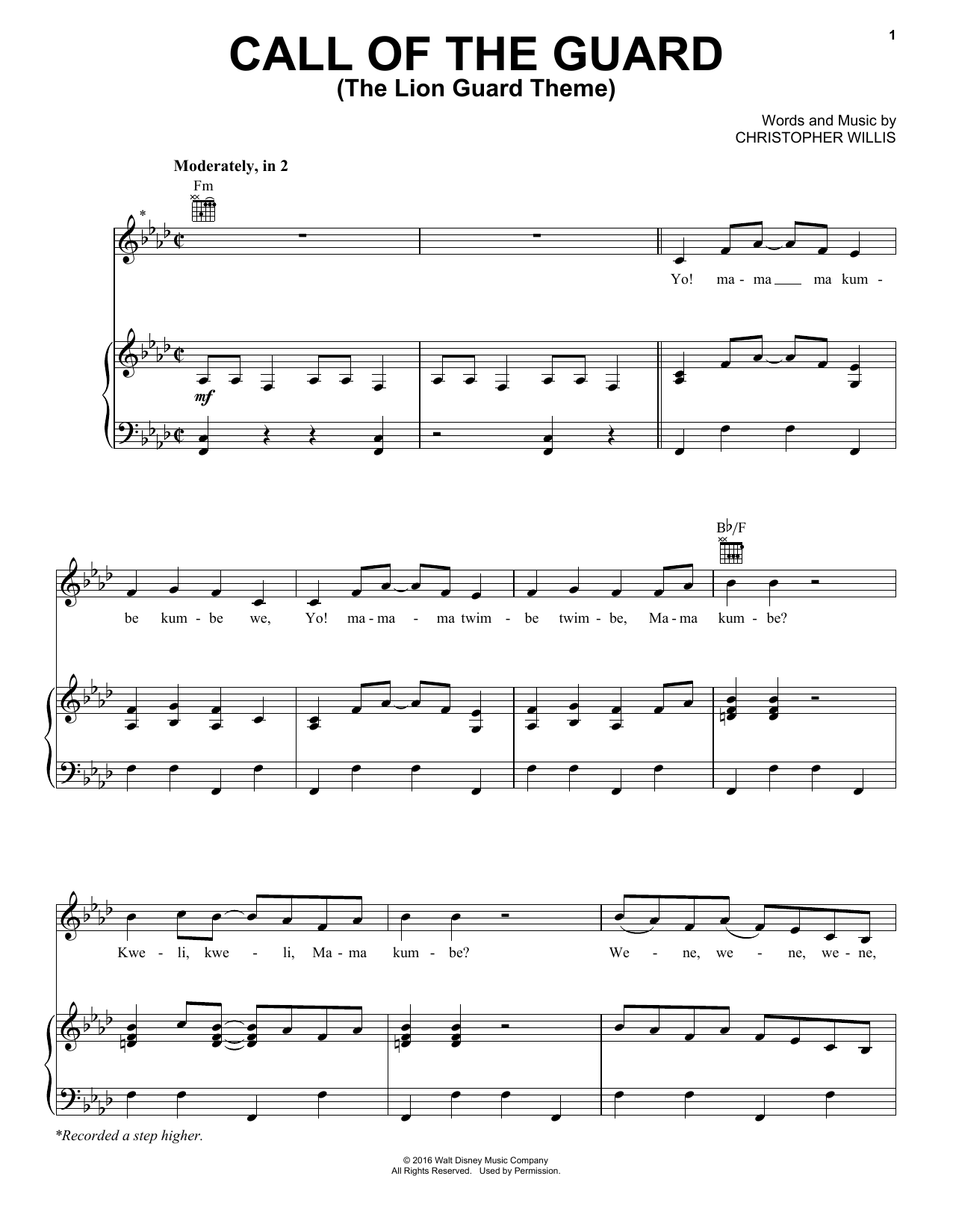 Christopher Willis Call Of The Guard (The Lion Guard Theme) Sheet Music Notes & Chords for Piano, Vocal & Guitar (Right-Hand Melody) - Download or Print PDF