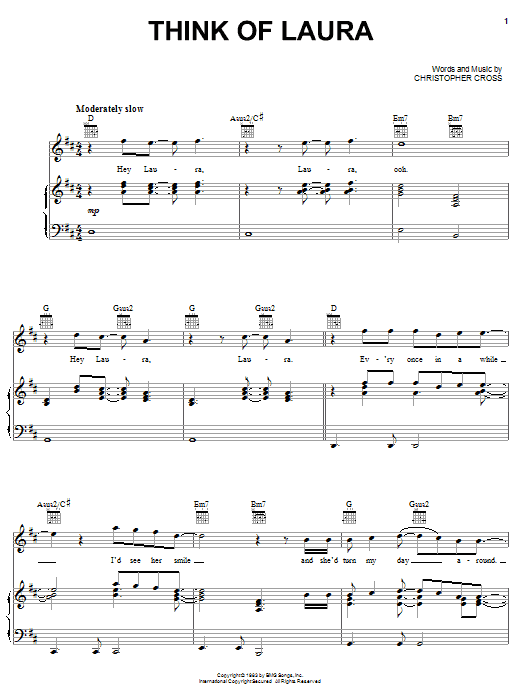 Preview Christopher Cross Think Of Laura Pop sheet music, notes and chords for Piano, Vocal & Guitar (Right-Hand Melody), SKU: 24091 sheet music, piano notes, chords, guitar tabs, score, transpose, transcribe, how to play, guide, download, learn, tutorial, progression, song, artist, awards, billboard, mtv, vh1, tour, single, album, release