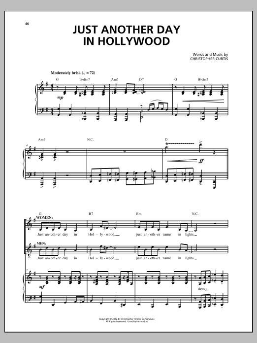 Preview Christopher Curtis Just Another Day In Hollywood Broadway sheet music, notes and chords for Piano & Vocal, SKU: 154283 Just Another Day In Hollywood sheet music