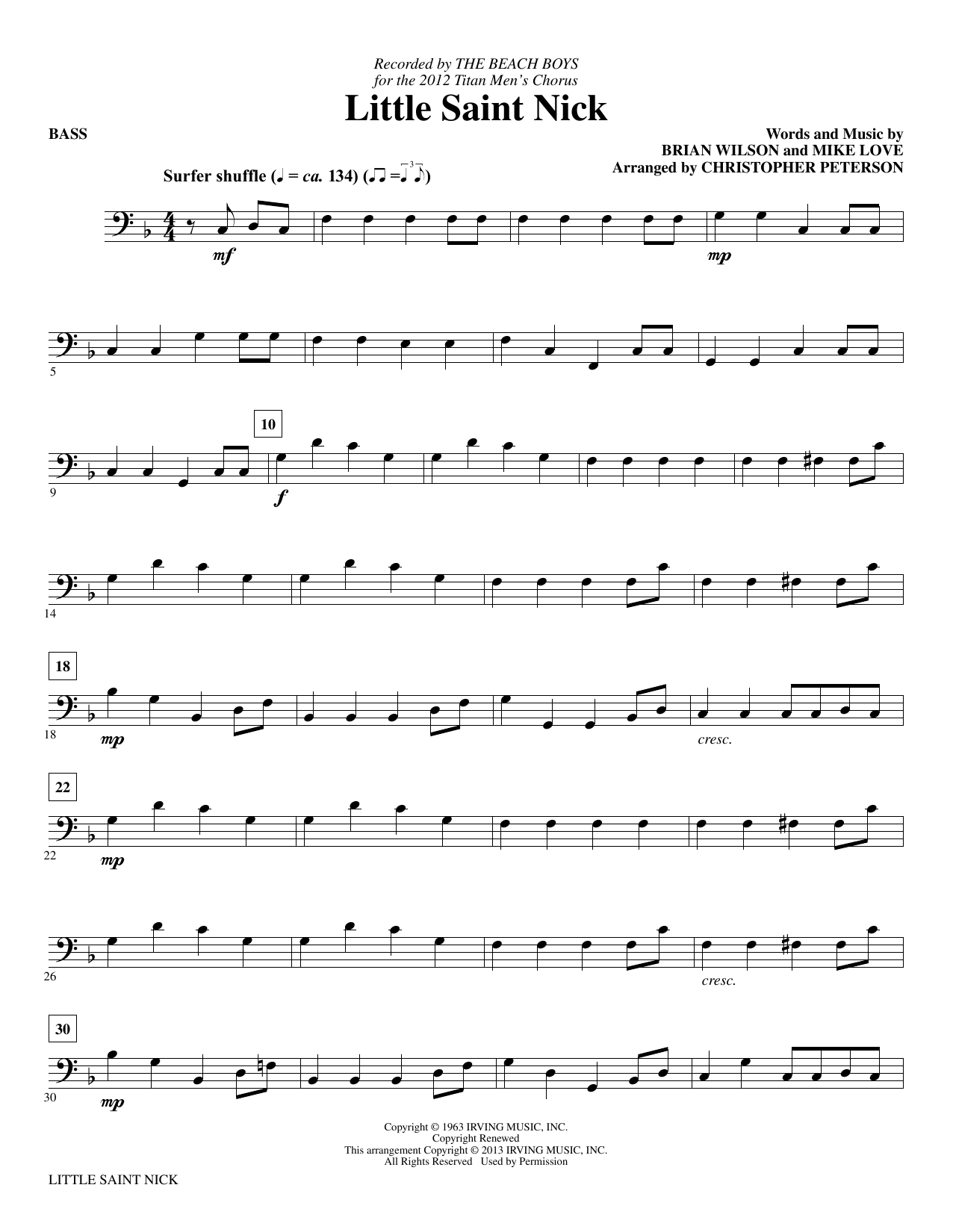 Preview Christopher Peterson Little Saint Nick - Bass Christmas sheet music, notes and chords for Choir Instrumental Pak, SKU: 344045 Little Saint Nick - Bass sheet music