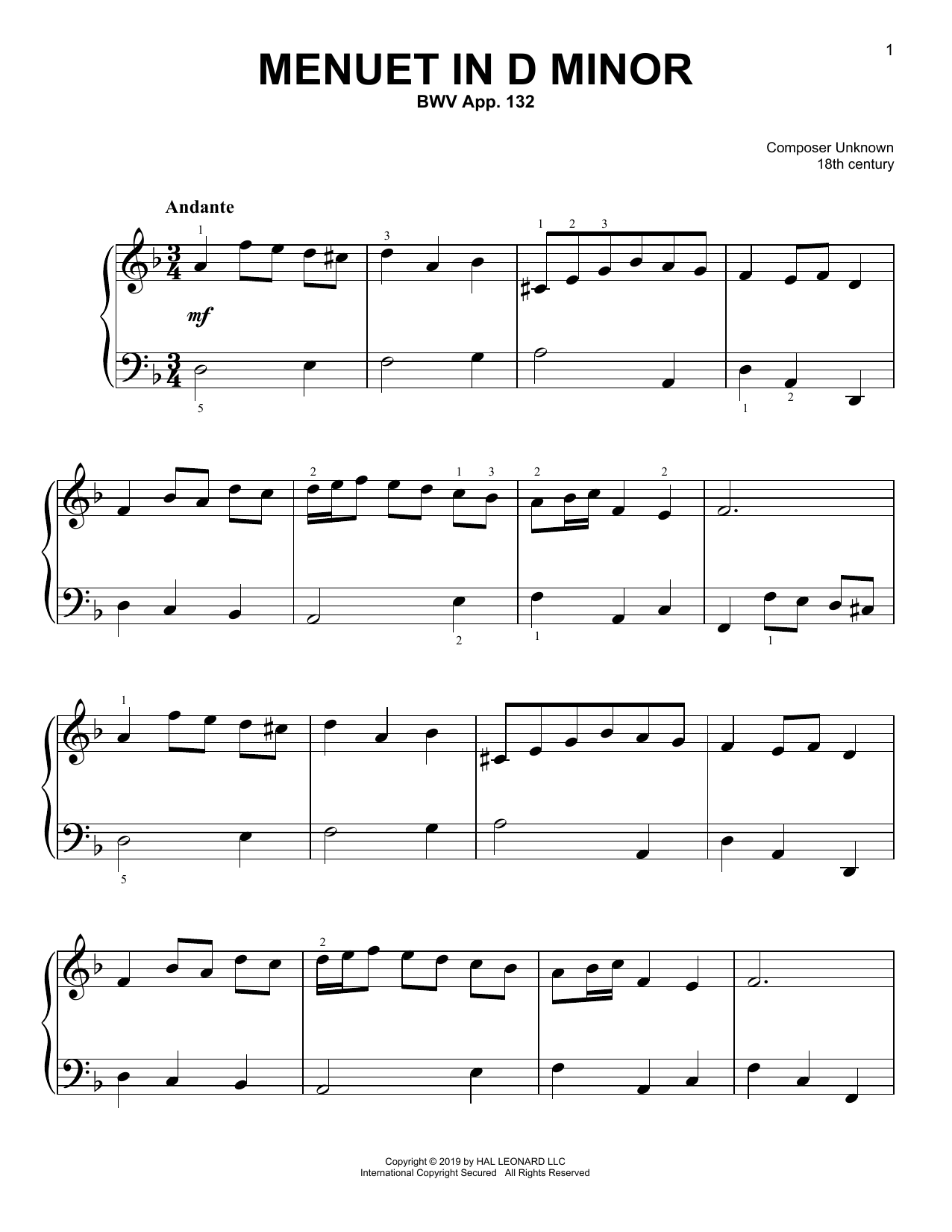 Christos Tsitsaros Menuet In D Minor, BWV App. 132 Sheet Music Notes & Chords for Easy Piano - Download or Print PDF