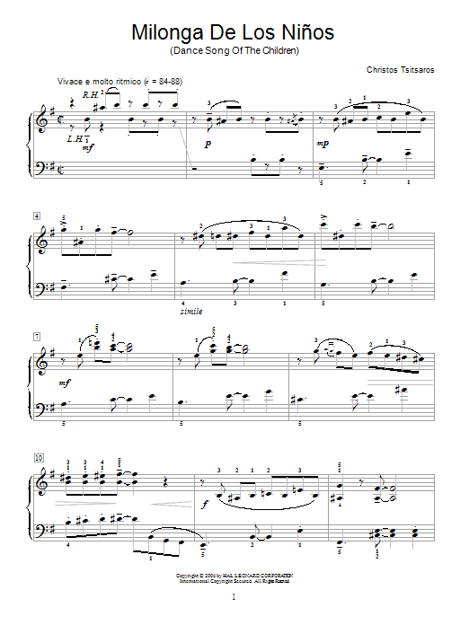 Christos Tsitsaros Milonga De Los Ninos (Dance Song Of The Children) Sheet Music Notes & Chords for Educational Piano - Download or Print PDF