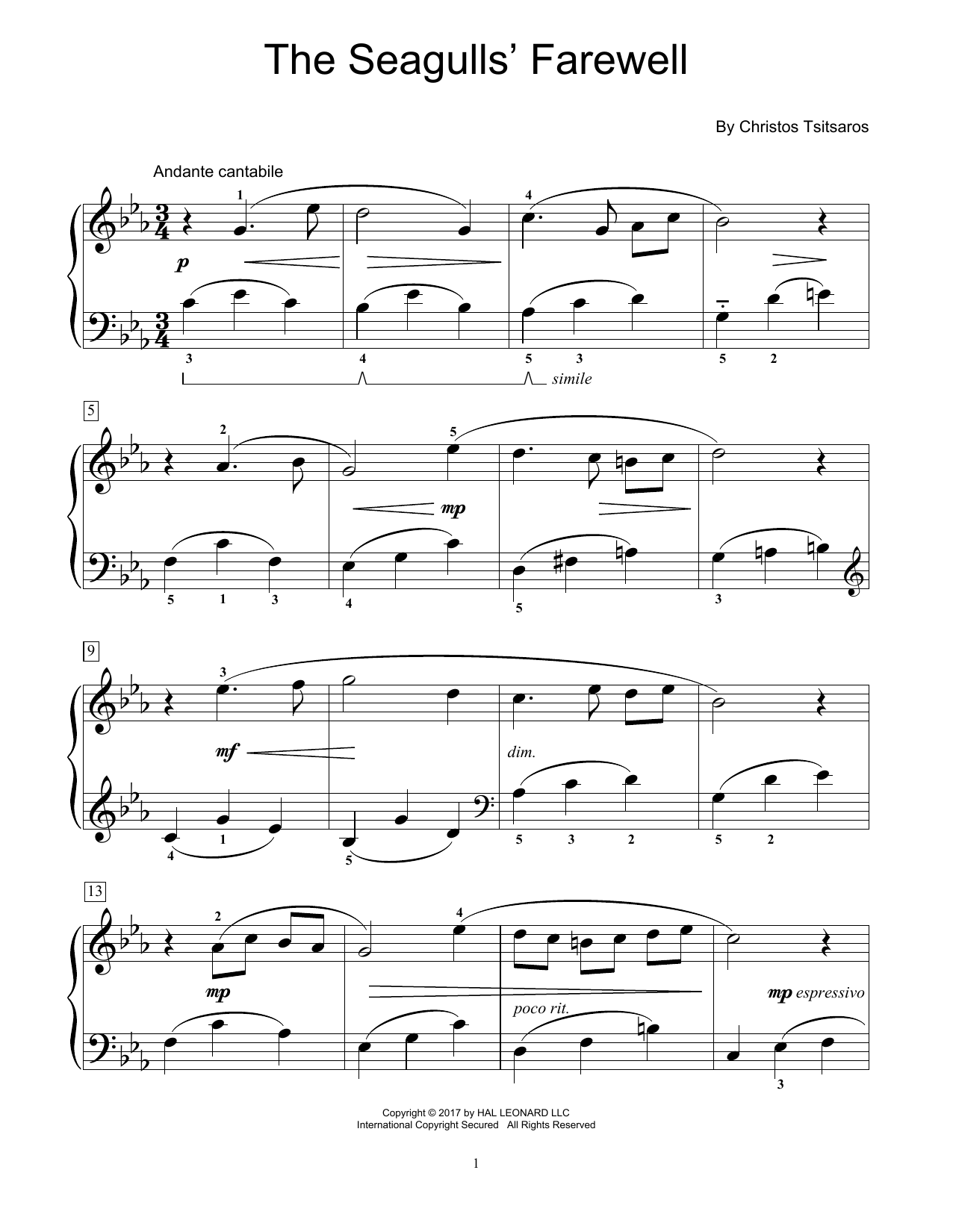 Christos Tsitsaros The Seagulls' Farewell Sheet Music Notes & Chords for Educational Piano - Download or Print PDF