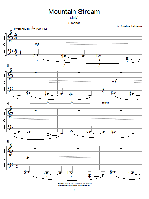 Preview Christos Tsitsaros Mountain Stream (July) Children sheet music, notes and chords for Piano Duet, SKU: 63652 Mountain Stream (July) sheet music