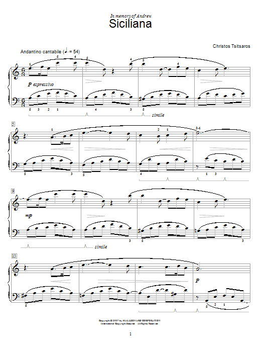 Preview Christos Tsitsaros Siciliana World sheet music, notes and chords for Educational Piano, SKU: 58730 Siciliana sheet music