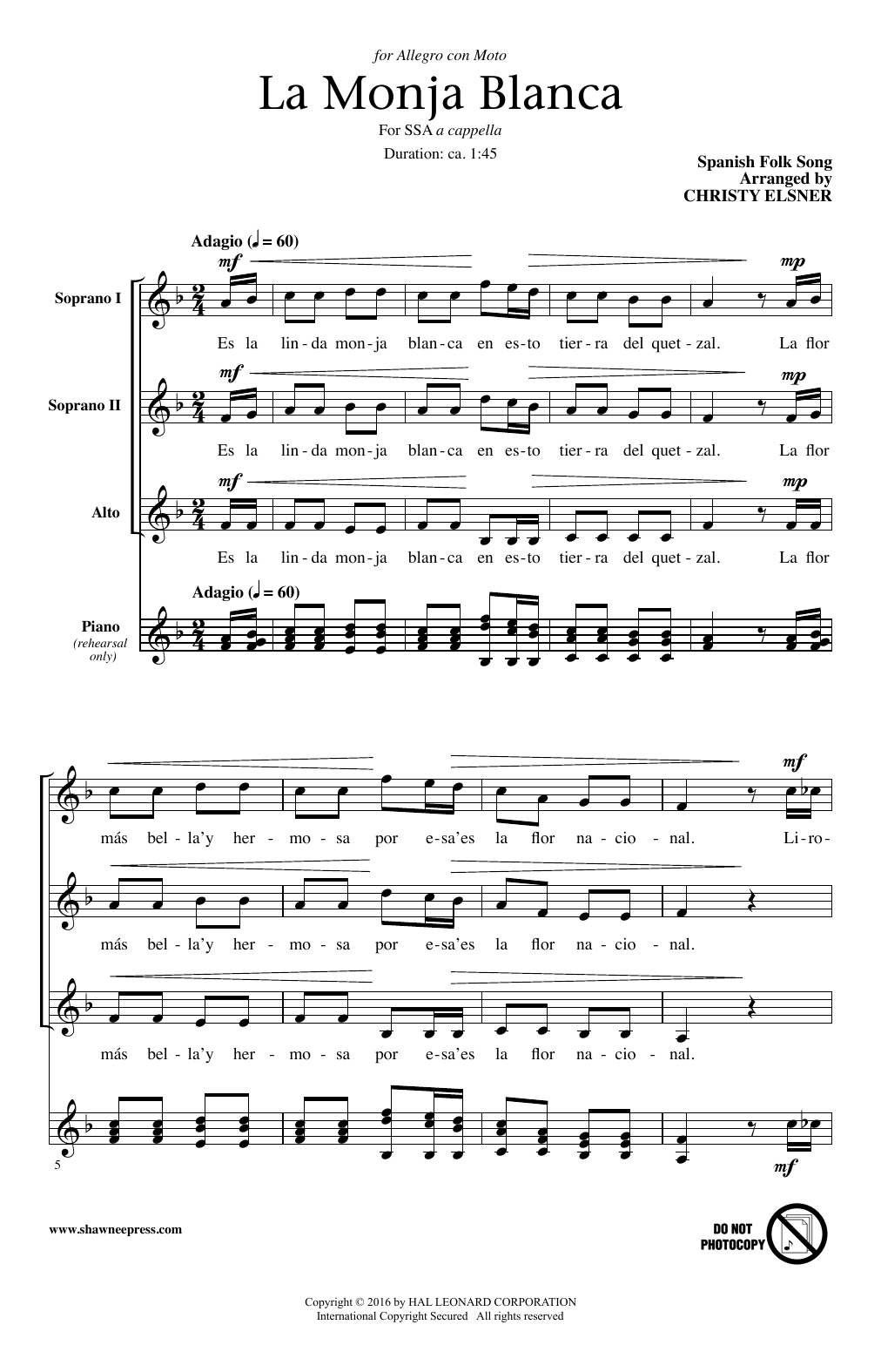 Spanish Folksong La Monja Blanca (arr. Christy Elsner) Sheet Music Notes & Chords for SSA - Download or Print PDF