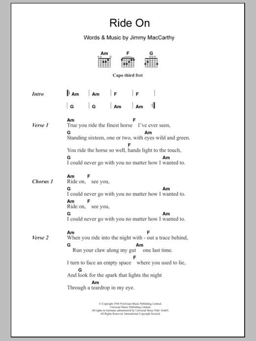 Christy Moore Ride On Sheet Music Notes & Chords for Lyrics & Chords - Download or Print PDF