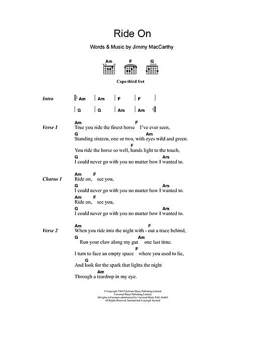 Christy Moore Ride On Sheet Music Notes & Chords for Lyrics & Chords - Download or Print PDF
