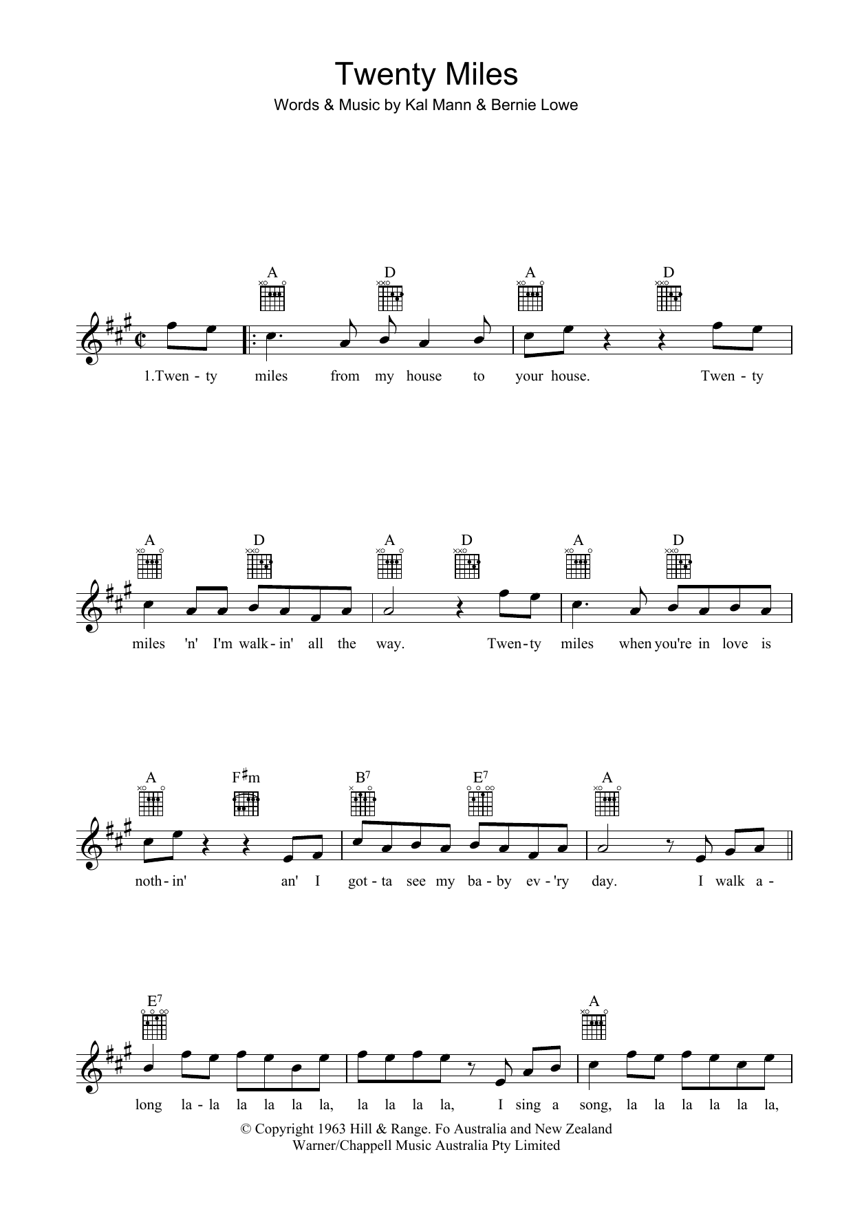 Chubby Checker Twenty Miles Sheet Music Notes & Chords for Melody Line, Lyrics & Chords - Download or Print PDF