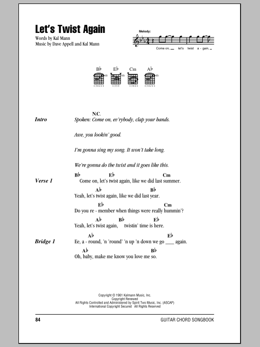 Preview Chubby Checker Let's Twist Again Rock N Roll sheet music, notes and chords for Piano, Vocal & Guitar (Right-Hand Melody), SKU: 49217 Let's Twist Again sheet music