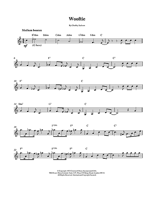 Preview Chubby Jackson Wooftie Jazz sheet music, notes and chords for Melody Line & Chords, SKU: 14244 sheet music, piano notes, chords, guitar tabs, score, transpose, transcribe, how to play, guide, download, learn, tutorial, progression, song, artist, awards, billboard, mtv, vh1, tour, single, album, release