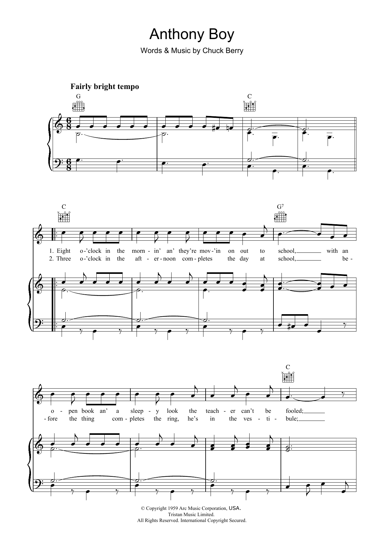 Chuck Berry Anthony Boy Sheet Music Notes & Chords for Piano, Vocal & Guitar (Right-Hand Melody) - Download or Print PDF
