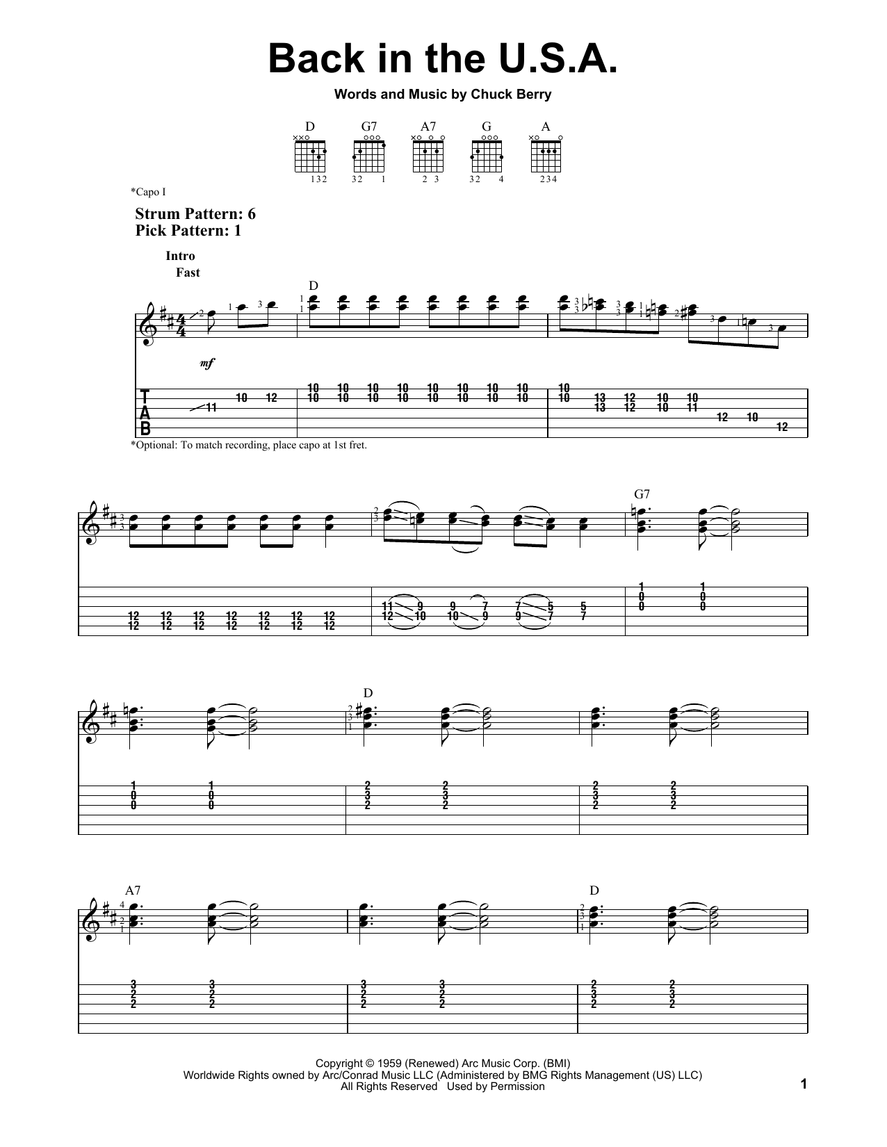 Chuck Berry Back In The U.S.A. Sheet Music Notes & Chords for Easy Guitar Tab - Download or Print PDF