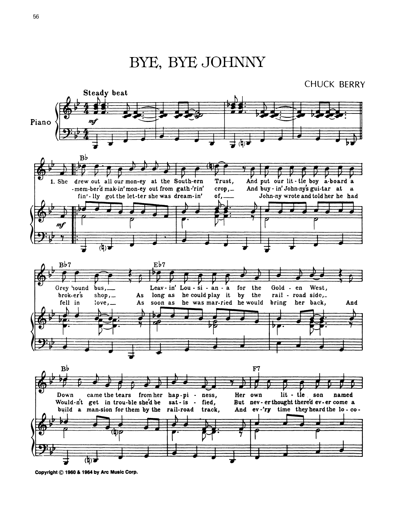 Chuck Berry Bye, Bye Johnny Sheet Music Notes & Chords for Piano, Vocal & Guitar Chords (Right-Hand Melody) - Download or Print PDF