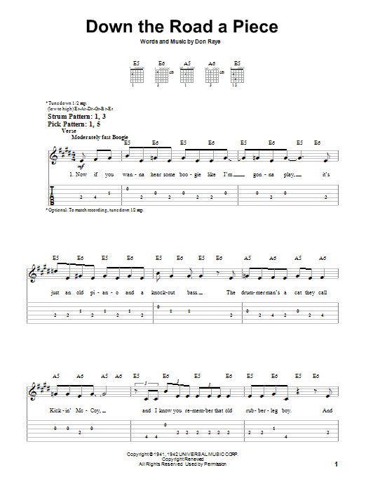 Chuck Berry Down The Road A Piece Sheet Music Notes & Chords for Easy Guitar Tab - Download or Print PDF