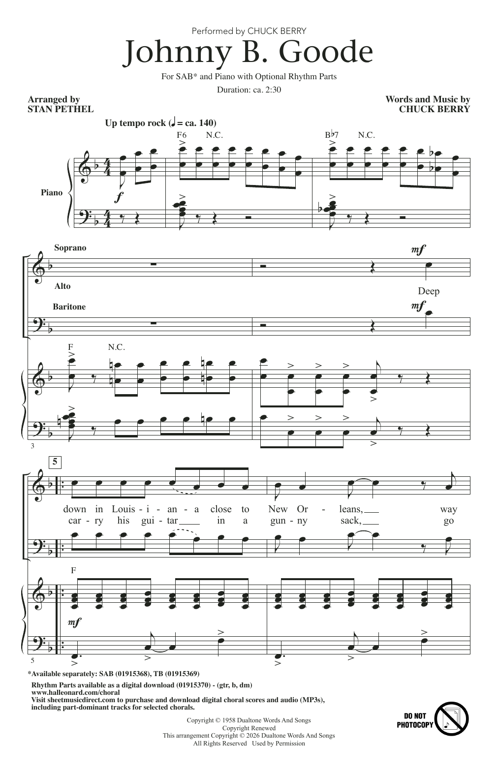 Chuck Berry Johnny B. Goode (arr. Stan Pethel) Sheet Music Notes & Chords for TB Choir - Download or Print PDF