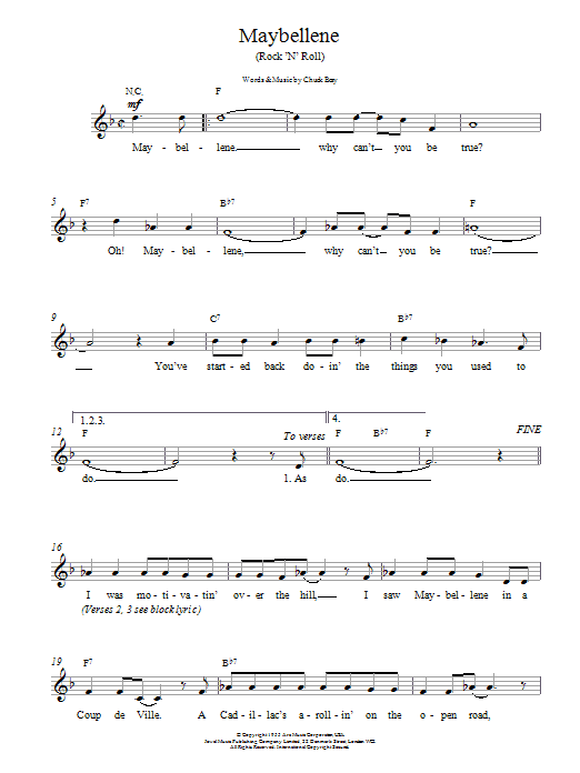 Chuck Berry Maybellene Sheet Music Notes & Chords for Lyrics & Chords - Download or Print PDF