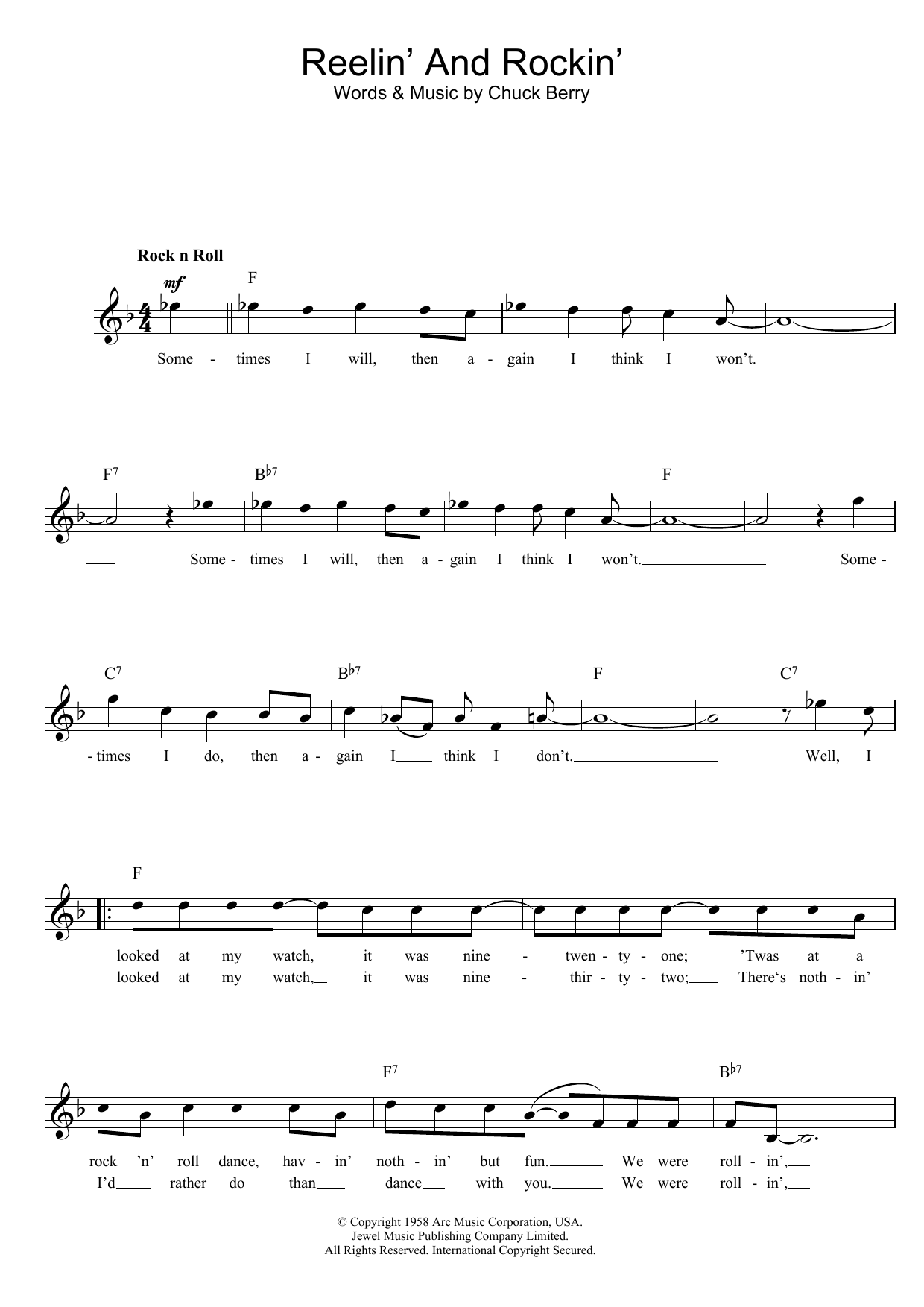 Chuck Berry Reelin' And Rockin' Sheet Music Notes & Chords for Piano, Vocal & Guitar (Right-Hand Melody) - Download or Print PDF