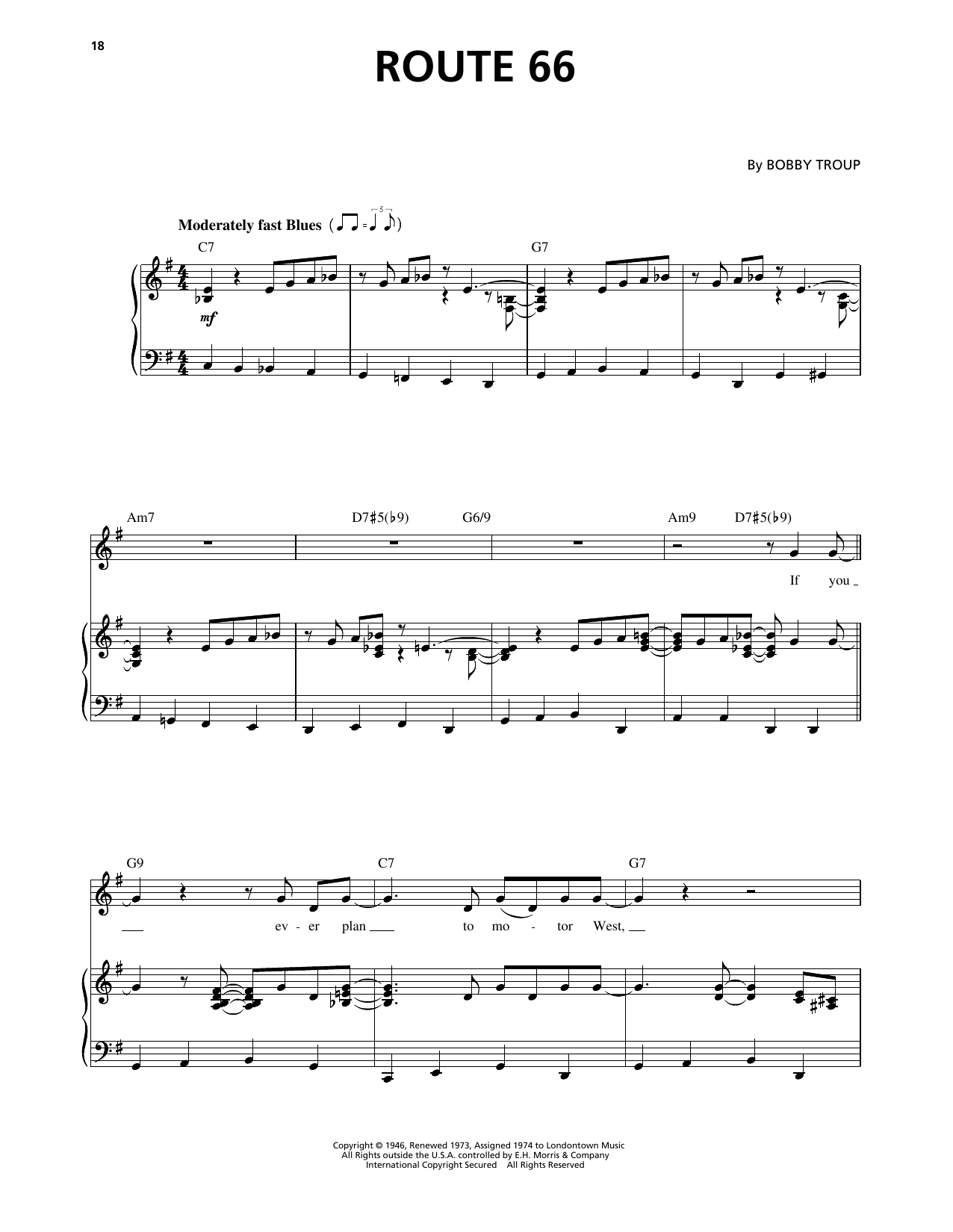 Chuck Berry Route 66 Sheet Music Notes & Chords for Piano, Vocal & Guitar Chords (Right-Hand Melody) - Download or Print PDF
