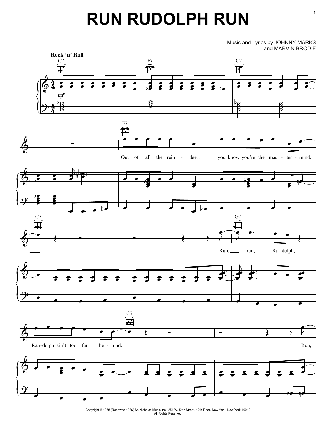 Johnny Marks Run Rudolph Run Sheet Music Notes & Chords for Piano, Vocal & Guitar (Right-Hand Melody) - Download or Print PDF
