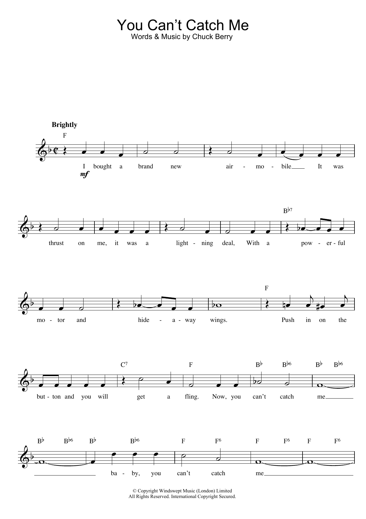Chuck Berry You Can't Catch Me Sheet Music Notes & Chords for Melody Line, Lyrics & Chords - Download or Print PDF